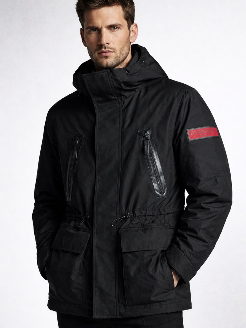 Burberry Logo Red Patch Black Hooded Military Parka Jacket